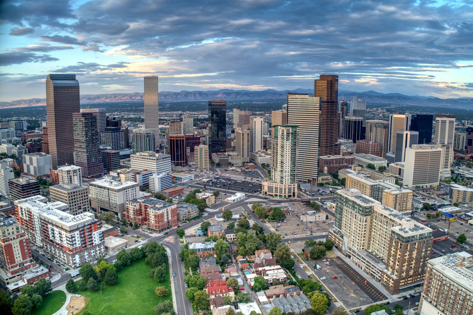 The Denver skyline with the Rocky Mountains behind