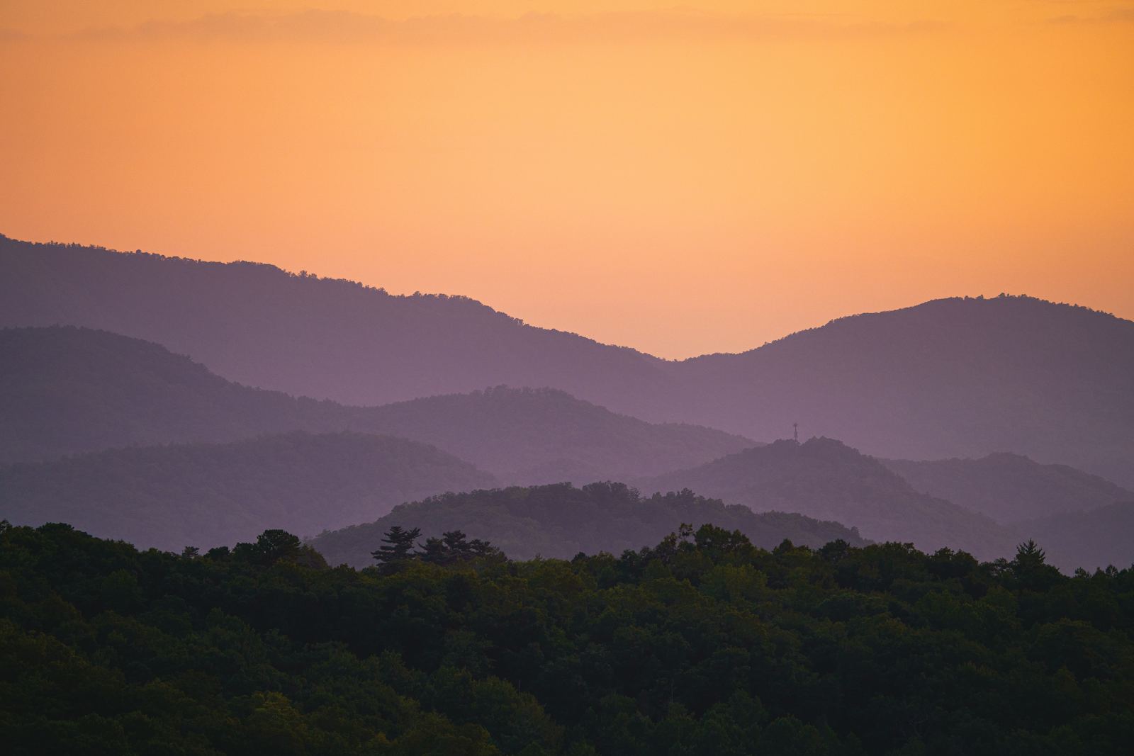 The Great Smoky Mountains at sunset near Gatlinburg, Tennessee