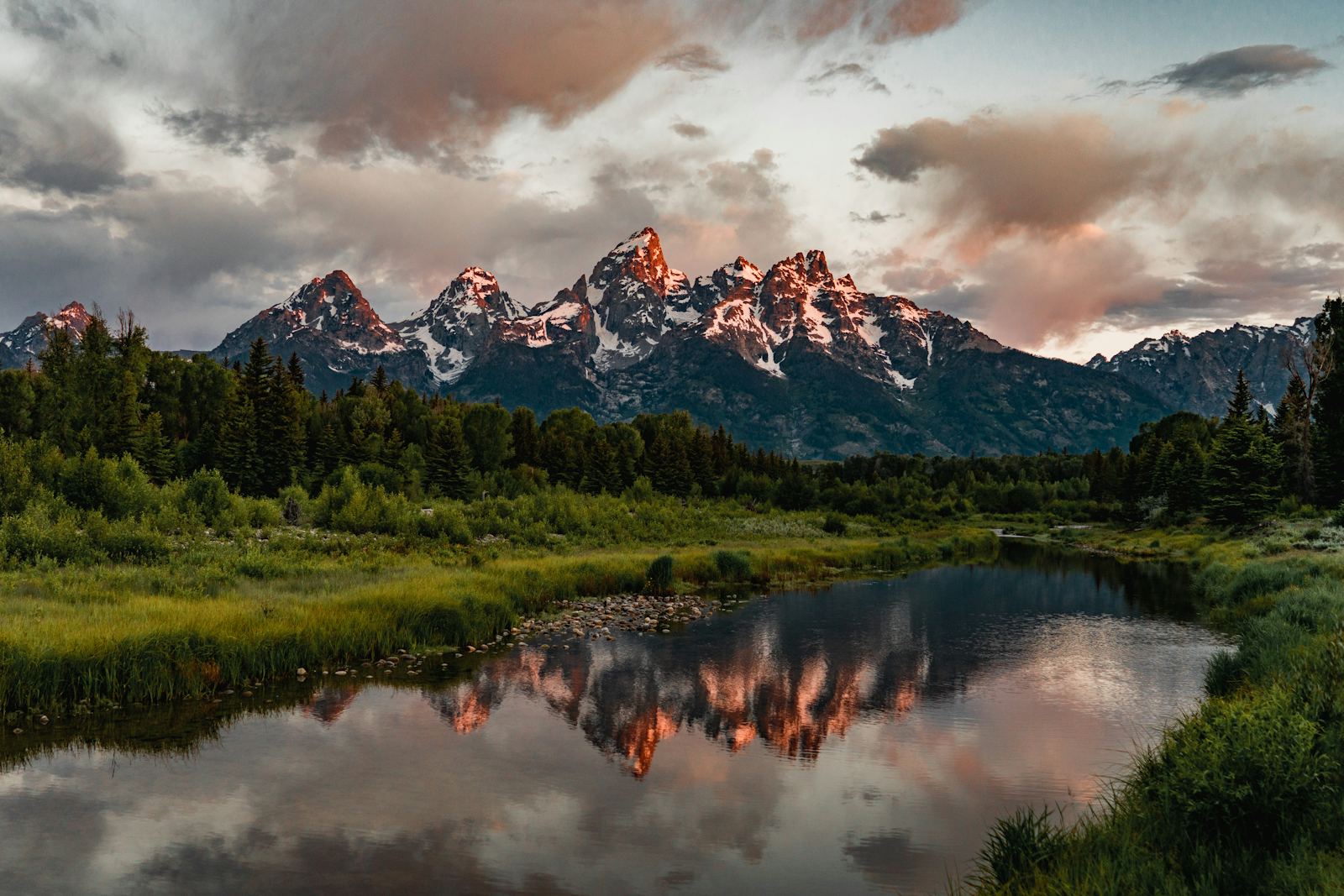 The Grand Tetons reflected at sunrise, Jackson Hole, Wyoming