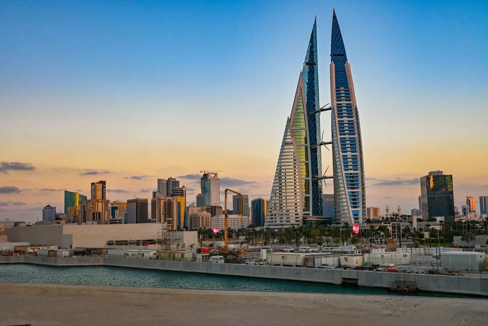 Bahrain World Trade Center twin towers at sunset in Manama