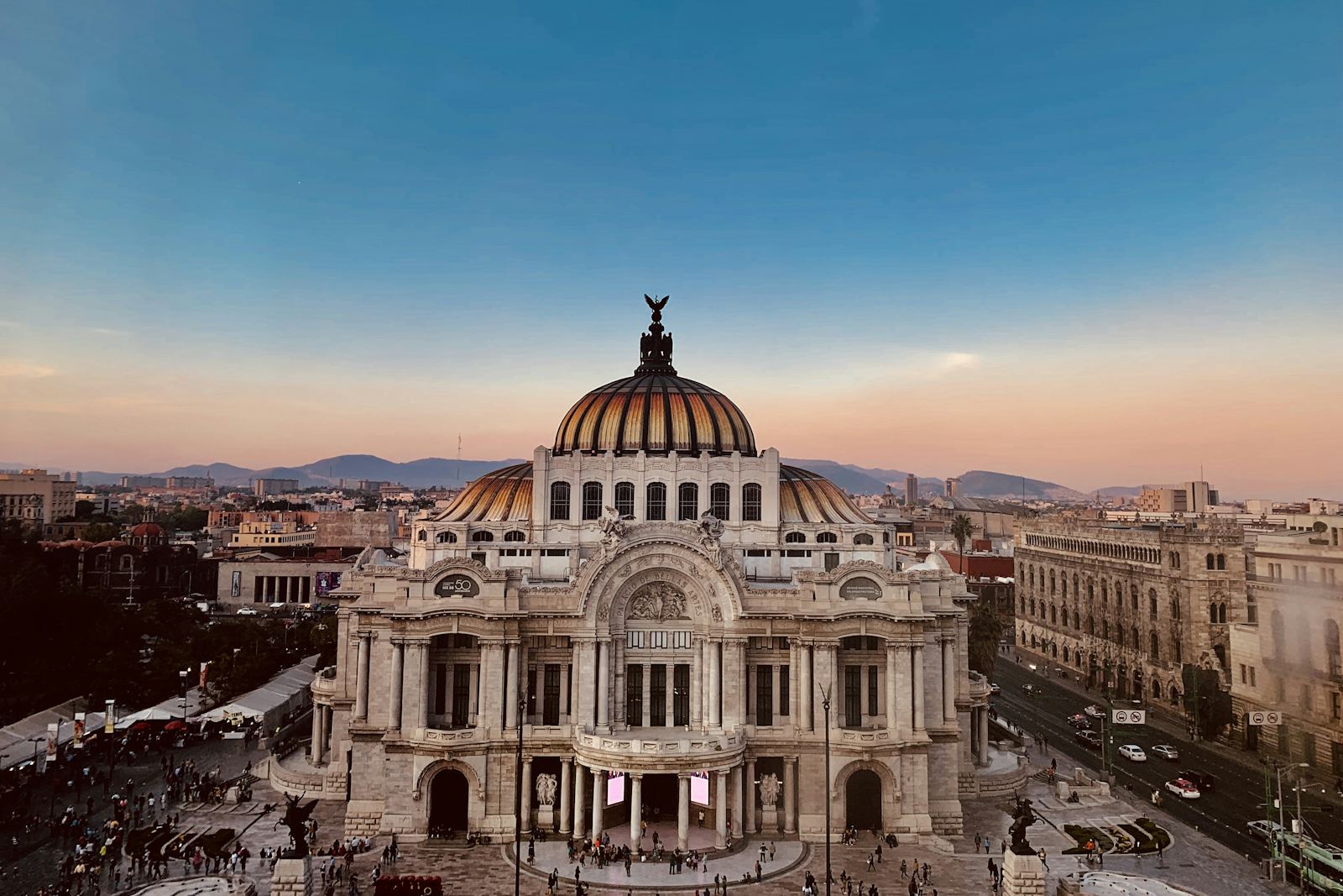 The Palacio de Bellas Artes at sunset in Mexico City