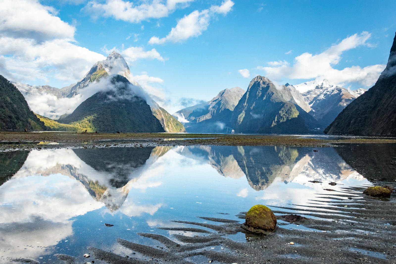 Mitre Peak reflected in Milford Sound, New Zealand