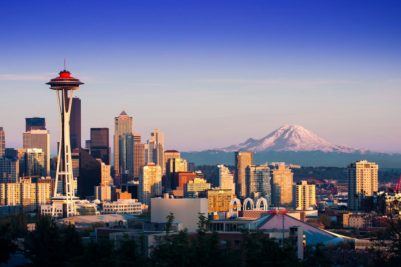 The Space Needle and Mount Rainier in Seattle
