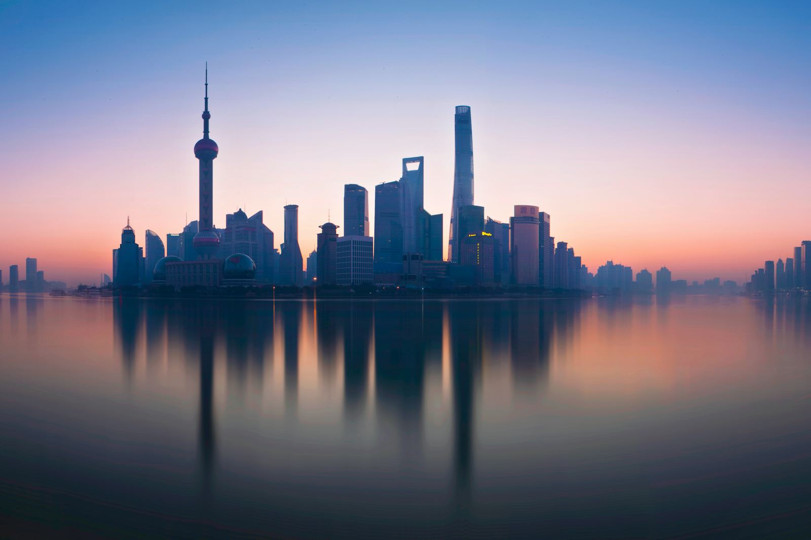 The Pudong skyline reflected at dawn, Shanghai, China