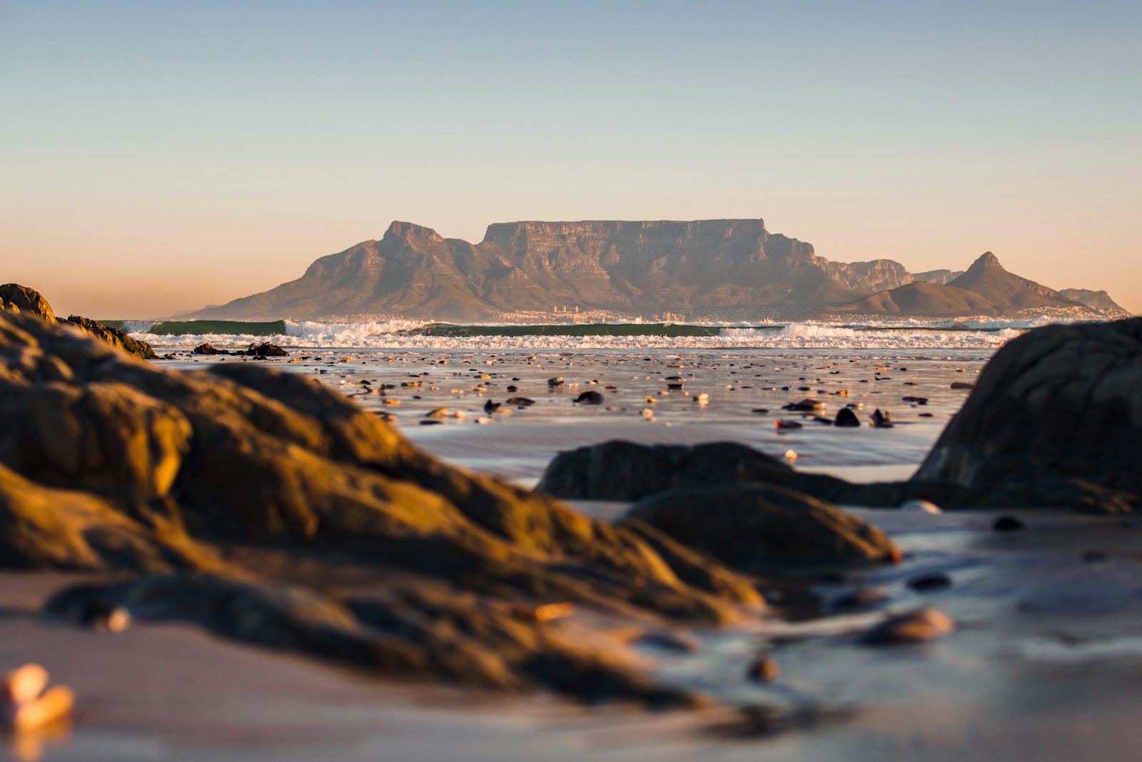 Table Mountain seen from the beach at sunset, Cape Town, South Africa